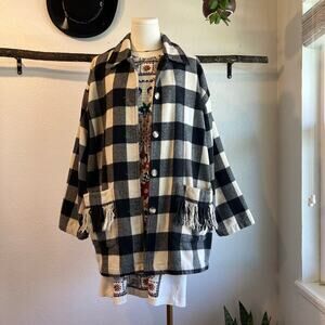 Roo Crossing Black & Cream Checkered Plaid Fringe Trim House Coat Jacket Size L